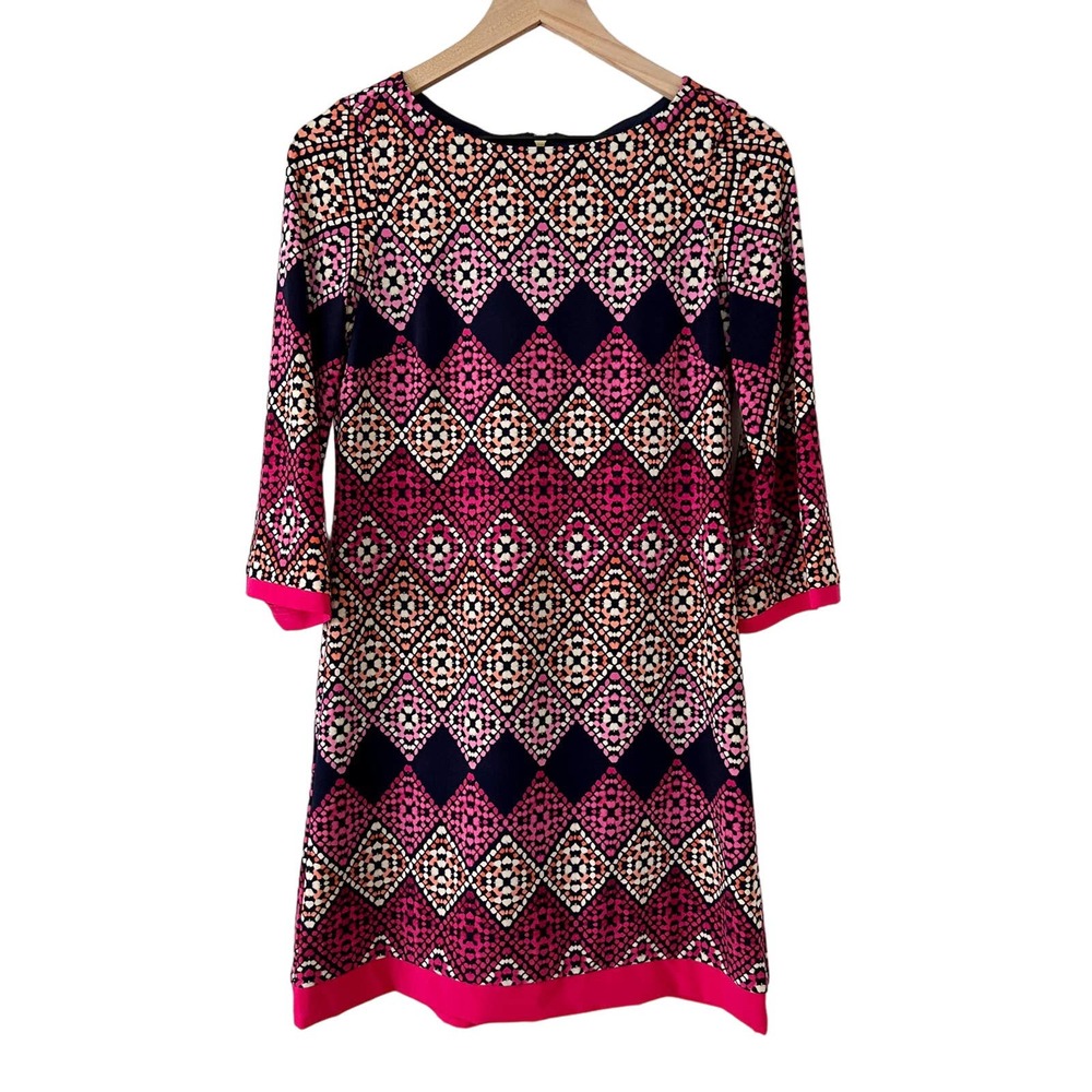 Eliza J Women's 4 Geometric Diamond Print 3/4 Sleeve Shift Dress Pink Navy